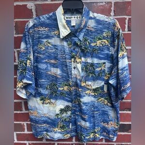 Whooos Men’s Large Blue Tropical Print Hawaiian Short Sleeve Button Up Shirt Z11